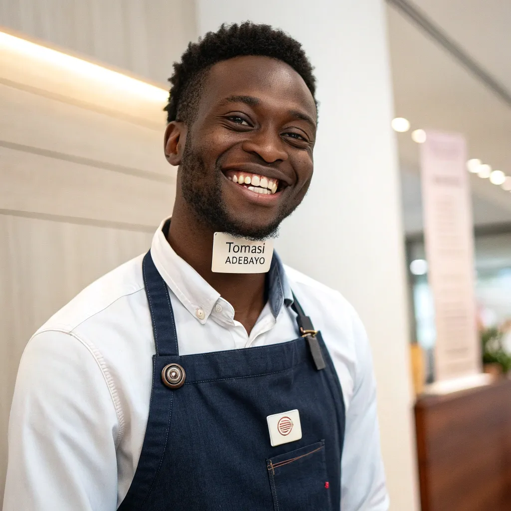 A smiling customer named Tomasi Adebayo